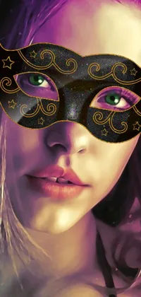 This phone live wallpaper displays a captivating digital painting of a mysterious woman with purple hair and a black mask
