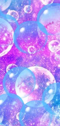 This aesthetic phone live wallpaper showcases a dreamy scene with iridescent bubbles floating on a purple and blue background