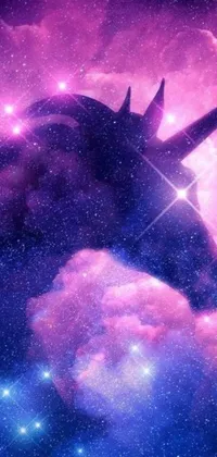 This stunning live wallpaper features a close up of a unicorn's majestic head set against a cosmic purple space backdrop