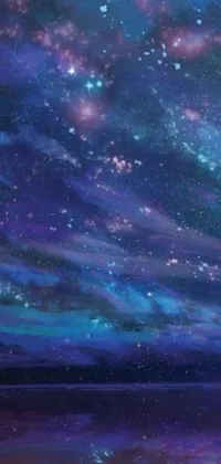 This phone live wallpaper is a breathtaking space art scene inspired by Japanese art that showcases a man standing on a beach under a vibrant night sky