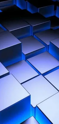 This dynamic live wallpaper features a stunning arrangement of blue cubes in different sizes interlock with each other on a futuristic metal surface