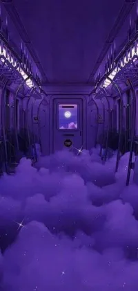 This live phone wallpaper boasts a unique aesthetic, featuring a train car surrounded by purple clouds in a dreamlike digital art style