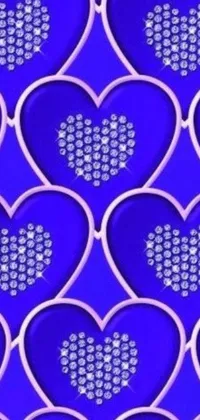 This live wallpaper showcases an aesthetically pleasing design, featuring shiny hearts in silver and amethyst hues set against a backdrop of deep blue
