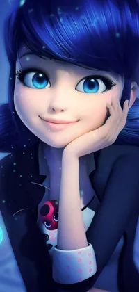This phone live wallpaper features a digital art image of a person with blue hair in a cute cartoon style