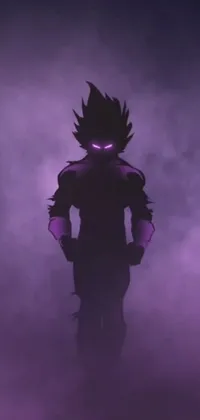 This phone live wallpaper is a stunning concept art featuring a figure standing in dense fog with purple lighting