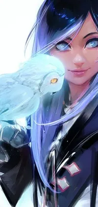 Enjoy a mesmerizing live phone wallpaper featuring a close-up of a person holding a bird, accompanied by glowing purple eyes that convey a magical atmosphere