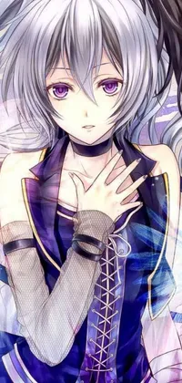 Looking for an anime-inspired live wallpaper for your phone? Check out this one featuring a stunning dress with intricate designs and a beautiful close-up shot of a person with silver skin and violet eyes