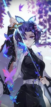 This stunning phone live wallpaper features an intriguing close-up image of a person holding a sharp sword, enveloped in a vibrant purple and white cloak