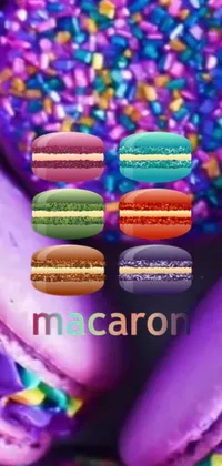 This live wallpaper showcases a delightful display of colorful macarons artistically stacked atop each other in a playful pop-art style