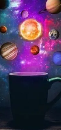 This phone live wallpaper showcases a coffee cup brimming with planets scattering into space, with a poster art design