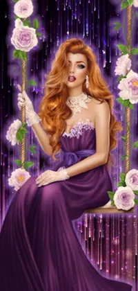 This phone live wallpaper showcases a beautiful digital art rendering of a woman wearing a flowing purple dress and sitting on a swing