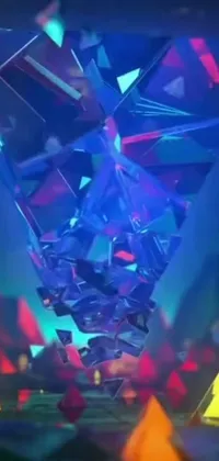 This live wallpaper features a holographic room filled with colorful triangles created in a geometric and modern design