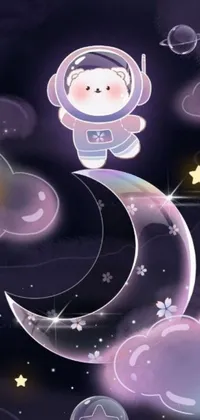 This phone live wallpaper showcases a cute, cartoon-style astronaut floating weightlessly beneath the glowing moon in a starry sky