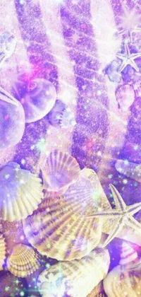 This stunning live phone wallpaper showcases a vibrant image of seashells atop a relaxing beach