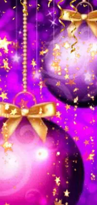 This phone live wallpaper showcases a gorgeous purple and gold Christmas ornament displayed amidst a deep purple background