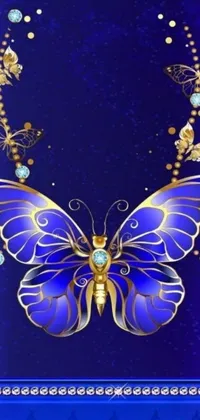 Discover the stunning Butterfly and Gems Live wallpaper, a masterpiece of digital art featuring a magnificent butterfly perched on a royal blue background adorned with black pearls and golden gems