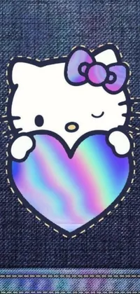 This phone live wallpaper showcases an adorable picture of a Hello Kitty holding a heart in a vibrant and playful design inspired by popular trends