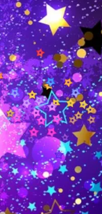 This phone live wallpaper showcases a mesmerizing purple background decorated with an explosion of stars and confetti