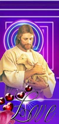 This phone live wallpaper features a stunning depiction of a gentle and loving Jesus holding a small grey cat, set against a vivid vaporwave background