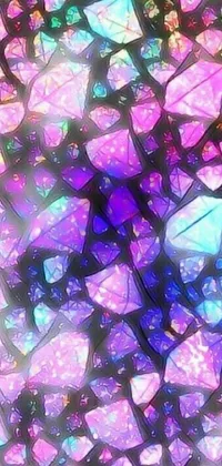 This phone live wallpaper features a stunning display of sparkling diamonds atop a glass-textured purple neon background