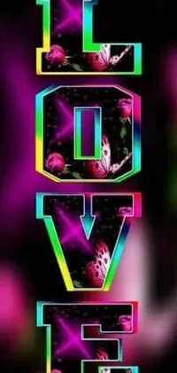 This live phone wallpaper features a colorful "Love" word logo in Lisa Frank-inspired design that pulsates and lights up to the beat of music