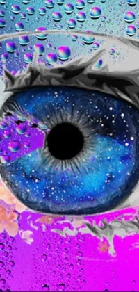 This vibrant phone live wallpaper boasts an incredible close-up of a mesmerizing eye, enhanced with water droplets and intricate digital designs
