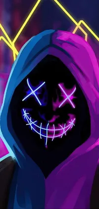 This striking live wallpaper showcases an anime-inspired digital artwork that depicts a mysterious figure adorned with a neon mask and hoodie