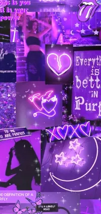 This phone live wallpaper displays a tasteful collage of purple and black images that including photographs and Tumblr graphics