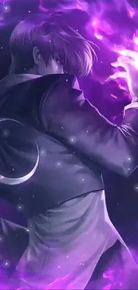 This live wallpaper features a man in front of a purple light with smoke rising from the ground