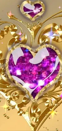 This mesmerizing phone live wallpaper features a stunning gold and purple heart that is surrounded by sparkling jewels, set against an opulent golden background