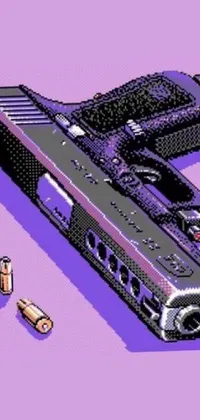 This purple live wallpaper for phones features pixel art of a gun and bullet set against a grunge-style background