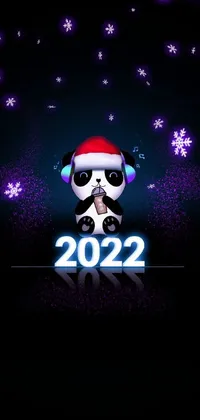 Get into the festive mood with this live phone wallpaper featuring a cute panda bear wearing a Santa hat and sitting amongst fluttering snowflakes