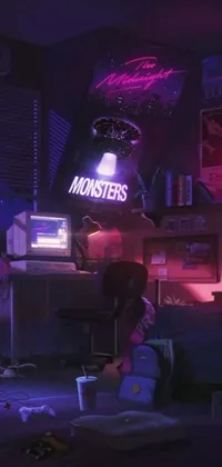 This phone live wallpaper displays a cyberpunk-inspired scene of a woman sitting on a bed under a neon sign