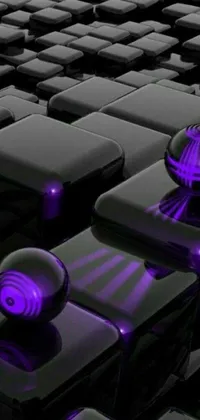This dynamic phone live wallpaper showcases a visually captivating keyboard equipped with vibrant purple lights, geometric shapes, black spheres, and sleek black 3D cuboid device