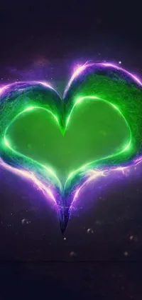 This live phone wallpaper showcases a captivating green and purple heart on a black background, accompanied by a flame, mushroom, and tornado