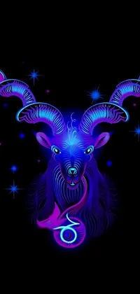 Enjoy a stunning live wallpaper featuring a powerful goat head in neon tattoo style