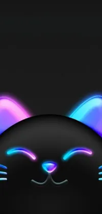 This live wallpaper features a close-up of a cat's face with glowing eyes and a glowing neon bow on a black background