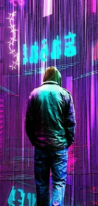This phone live wallpaper showcases a stunning cyberpunk art scene, featuring a man standing in front of a glowing neon sign against a backdrop of rain