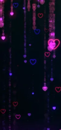 This lively phone wallpaper displays a cluster of floating hearts in a neon background coupled with beaded curtains