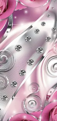 This live phone wallpaper features beautiful pink roses set against white and pink cloth textures, with shiny diamonds adding a glamorous touch