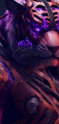 This stunning cyberpunk live wallpaper showcases a fierce tiger wearing purple armor, giving a futuristic and edgy vibe