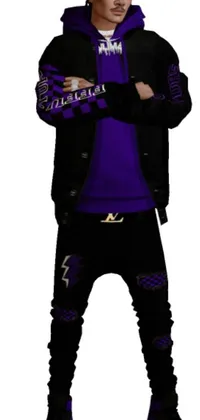 This live phone wallpaper features a digital rendering of a man wearing a purple hoodie and black pants, sporting a mechanic punk outfit