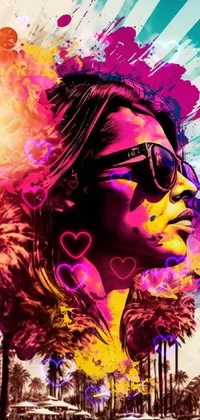 This colorful live wallpaper is a stunning digital art creation featuring a woman in sunglasses posing in front of a background with palm trees
