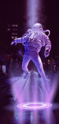 This space-themed live wallpaper features a man in a spacesuit running through a rain-soaked city street on the moon