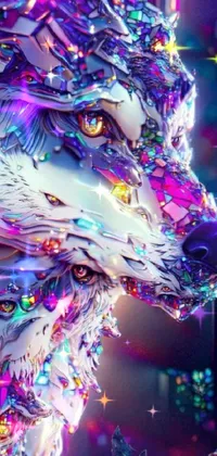 This phone wallpaper showcases a striking close-up of a cyberpunk wolf sculpture in bold, generative art style