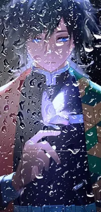 This phone live wallpaper showcases a man standing in the rain with a concept art design, featuring the popular manga style of kimetsu no yaiba