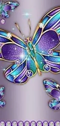 Elevate your phone’s style with a vibrant and enchanting live wallpaper featuring a purple and blue butterfly, encrusted with jewels