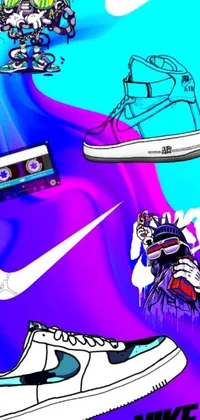 This phone live wallpaper showcases an array of shoes on top of a graffiti-inspired purple and blue background