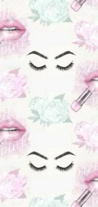 This live phone wallpaper boasts a striking design, featuring a pink floral pattern, with lashes and lipstick designs placed elegantly over a white background