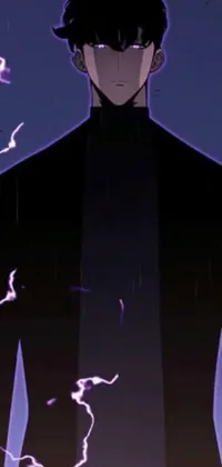 This phone live wallpaper features a compelling image of a man wearing an impressive suit standing against a background of lightning